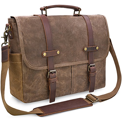Mens Messenger Bag 15.6 Inch Waterproof Vintage Genuine Leather Waxed Canvas Briefcase Large ...
